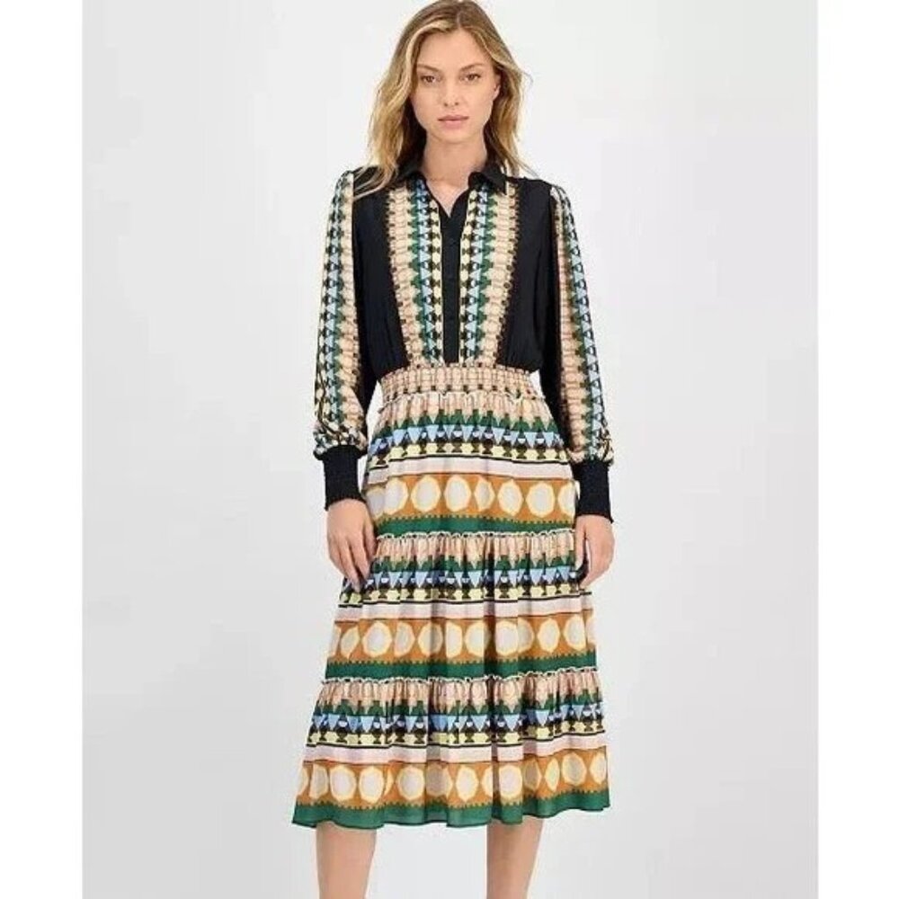 Tahari Multicolor Printed Midi Dress Smocked Waist XL NWT